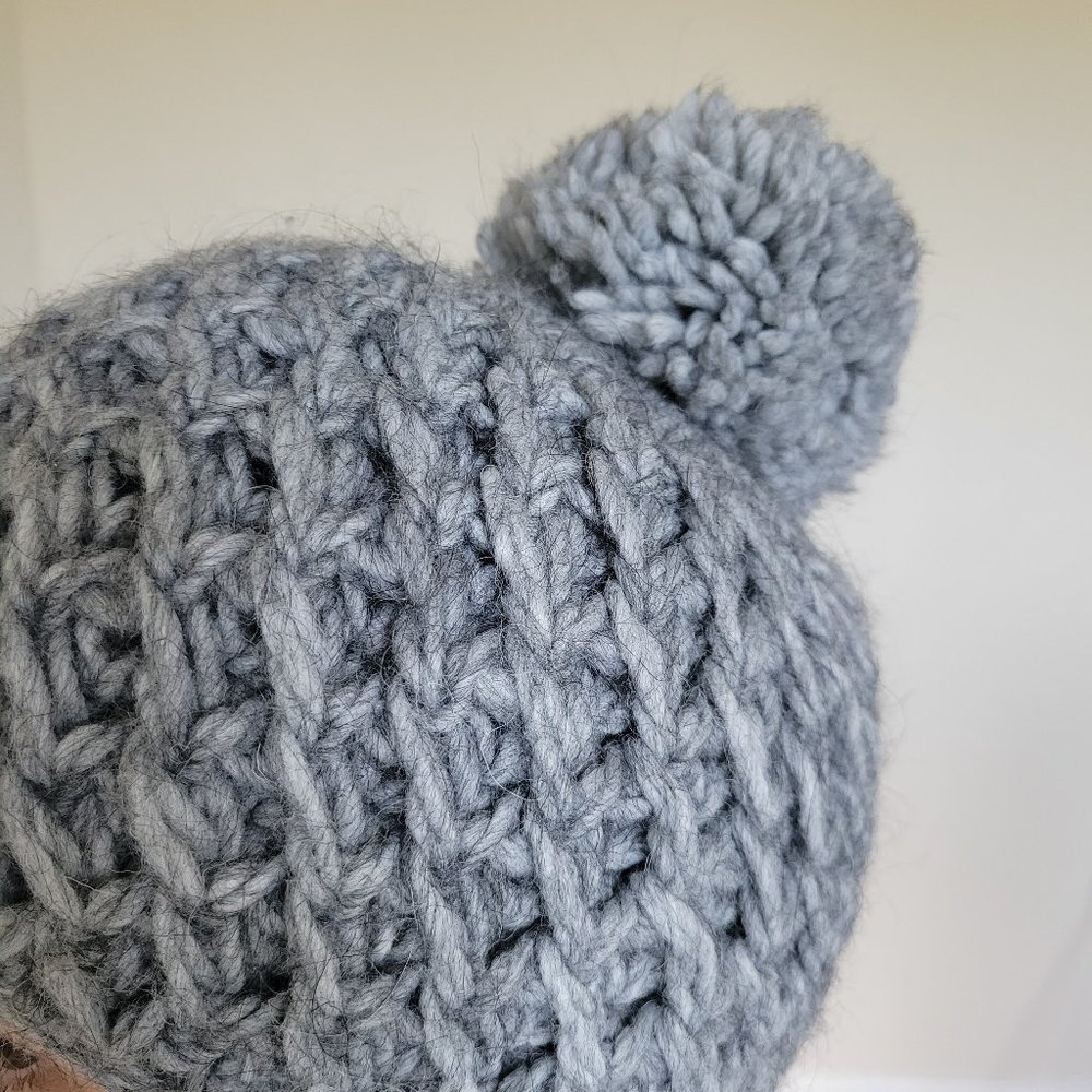Grey Chunky Knit Beanie with Pom Pom